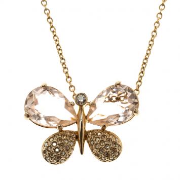 Pre Owned Swarovski Butterfly Crystal Studded Gold Tone Pendant Necklace