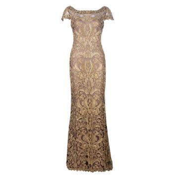 مملوكة مسبقًا Tadashi Shoji Metallic Gold Embroidered Lace Gown M