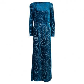 Pre Owned Tadashi Shoji Blue Devore Full Sleeve Gown S