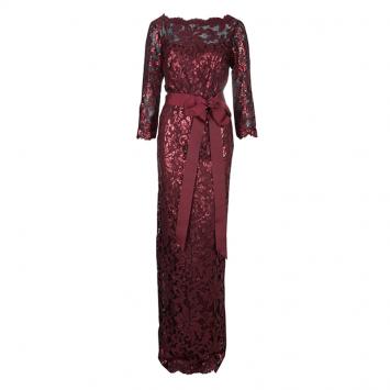 مملوكة مسبقًا Tadashi Shoji Burgundy Long Sleeve Lace Sequin Embellished Gown L