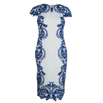 Pre Owned Tadashi Shoji White and Blue Embroidered Floral Lace Midi Dress M