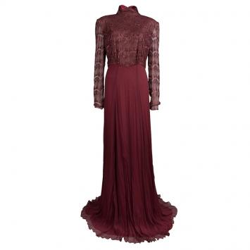 Pre Owned Tadashi Shoji Burgundy Lace Chiffon Gown XXL