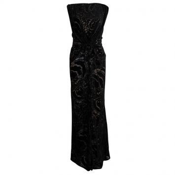 Pre Owned Tadashi Shoji Black Devore Gown M