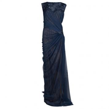 Pre Owned Tadashi Shoji Navy Blue Lace Tulle Gown XL