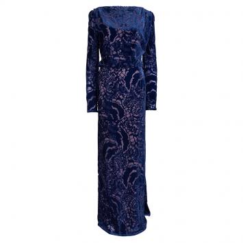 Pre Owned Tadashi Shoji Blue Devore Full Sleeve Gown L