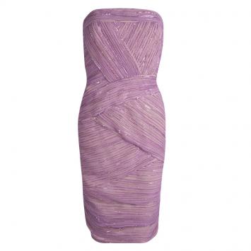 Pre Owned Tadashi Shoji Lavender Sequin Embellished Ruched Strapless Dress M
