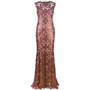 Pre Owned Tadashi Shoji Mocha Embellished Lace Gown S