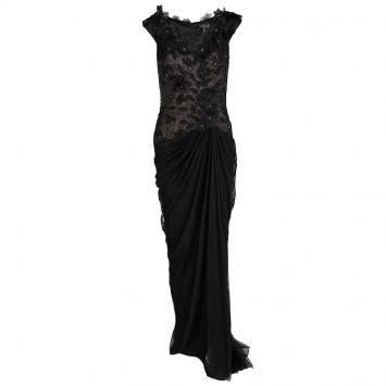 Pre Owned Tadashi Shoji Black Floral Applique Detail Embellished Draped Gown M