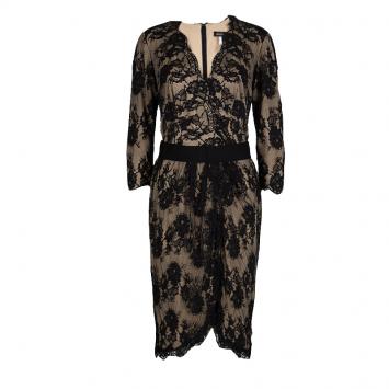 Pre Owned Tadashi Shoji Black and Beige Scallop Lace Belted Dress M