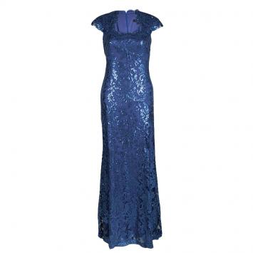 Pre Owned Tadashi Shoji Navy Blue Sequined Lace Square Neck Gown S