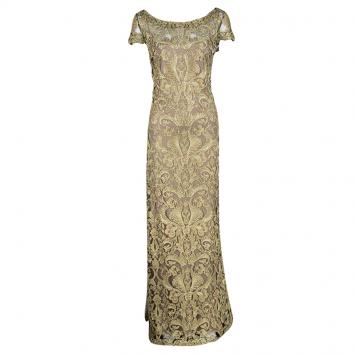 Pre Owned Tadashi Shoji Gold Corded Embroidery Detail Tulle Gown XL
