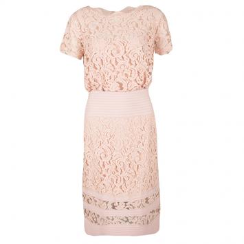 Pre Owned Tadashi Shoji Peach Blouson Waist Embroidered Lace Dress XL