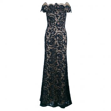 Pre Owned Tadashi Shoji Black and Beige Scalloped Gown M