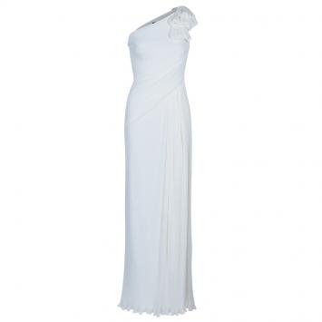 Pre Owned Tadashi Shoji White Pleated One Shoulder Gown M
