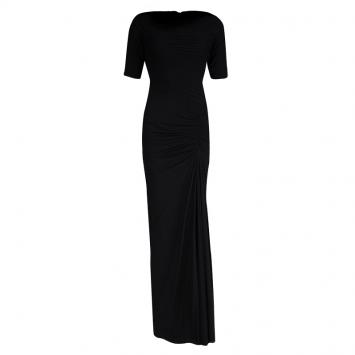 Pre Owned Tadashi Shoji Black Ruched Short Sleeve Gown XS