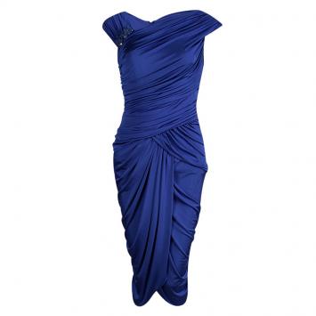 Pre Owned Tadashi Shoji Cobalt Blue Draped Embellished Sleeveless Dress S