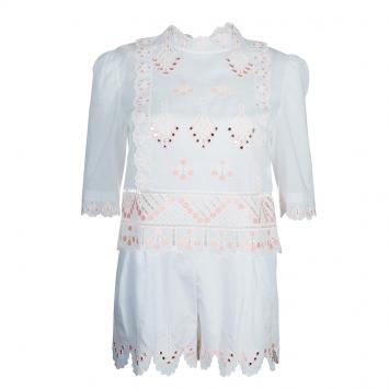 Pre Owned Temperley London White Mirrorwork and Cutwork Embroidered Scallop Detail Hika Top and Shorts Set M