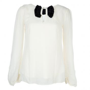 Pre Owned Temperley London Cream Contrast Bow Detail Long Sleeve Silk Blouse M
