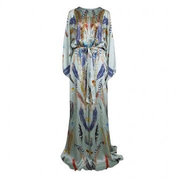 Pre Owned Temperley London Feather Printed Silk Belted Maxi Dress XL