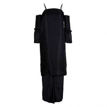 Pre Owned The Row Black Cold Shoulder Mesh Layered Midi Dress S