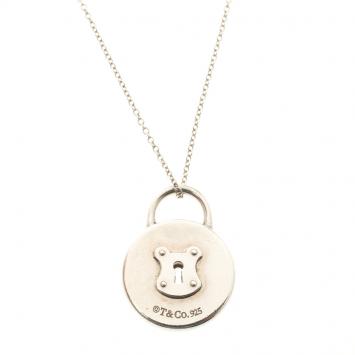 Pre Owned Tiffany & Co. Round Mini Lock Silver Pendant Necklace