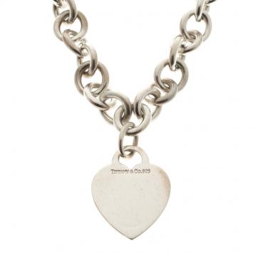 Pre Owned Tiffany & Co. Plain Heart Tag Silver Chain Link Necklace