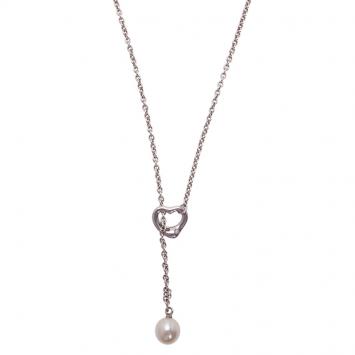 Pre Owned Tiffany & Co. Elsa Peretti Open Heart Lariat Pearl Sterling Silver Necklace
