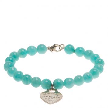 Pre Owned Tiffany & Co. Return To Tiffany Amazonite Beads Mini Heart Tag Silver Bracelet