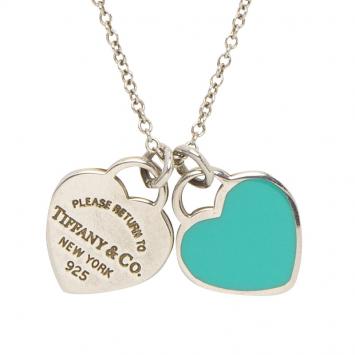 Pre Owned Tiffany & Co. Return to Tiffany Mini Double Heart Tag Pendants Enamel and Silver Chain Necklace