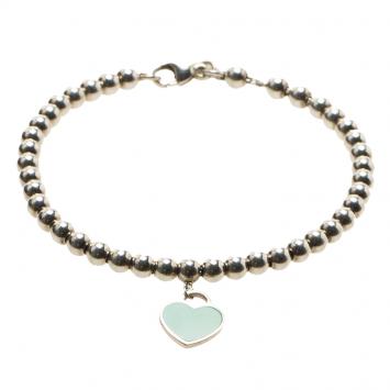 Pre Owned Tiffany & Co. Return to Tiffany Enamel Heart Tag Silver Beads Bracelet 17cm