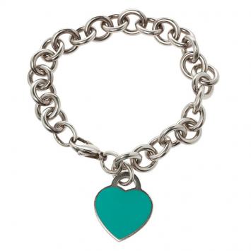 Pre Owned Tiffany & Co. Return To Tiffany Blue Enamel Heart Tag & Silver Bracelet 19cm