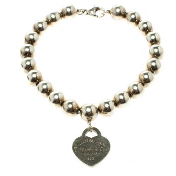 Pre Owned Tiffany & Co. Return To Tiffany Heart Tag Silver Bead Bracelet 18cm