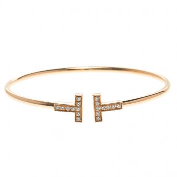 Pre Owned Tiffany & Co. 18k Rose Gold & Diamonds T Wire Bracelet 16cm