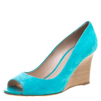 مملوكة مسبقًا Tod's Turquoise Blue Suede Peep Toe Wedge Pumps Size 40