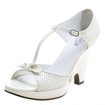 Pre Owned Tod's Off - White Perforated Patent Leather T-Strap Platform Sandals Size 40