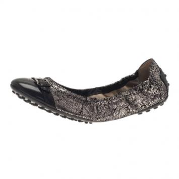 Pre Owned Tod's Metallic Silver Cap Toe Buckle Ballet Flats Size 37.5