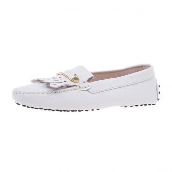 Pre Owned Tod's Cream Leather Heaven Fringe Loafers Size 37.5 