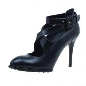 Pre Owned Tod's Black Leather Cross Strap Pumps Size 38.5