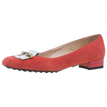 Pre Owned Tod's Coral Suede Horsebit Detail Ballet Flats Size 38