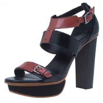 Pre Owned Tod's Black and Brown Leather Ankle Strap Platform Sandals Size 38.5