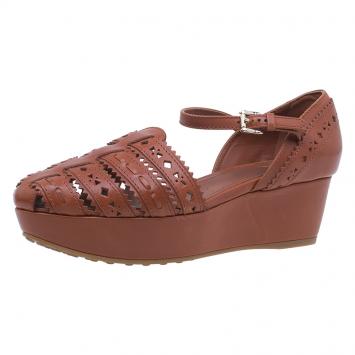 Pre Owned Tod's Brown Cutout Leather Ankle Strap Wedge Sandals Size 38 