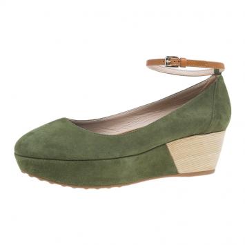 Pre Owned Tod's Green Suede Ankle Strap Platform Wedge Pumps Size 38.5