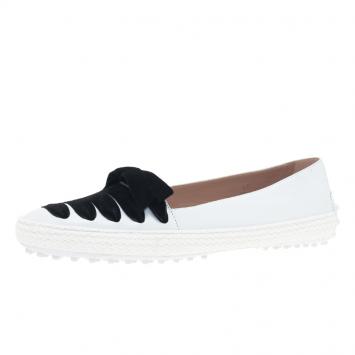Pre Owned Tod's Black and White Leather Lace-Up Gommino Slip On Espadrilles Size 40