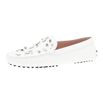 Pre Owned Tod's White Leather Gommini Guitar Pins Embellished Loafers Size 40