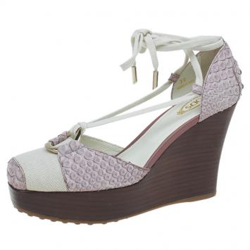 Pre Owned Tod's Lavender  Python and Brown Cavnas Tie Up Wedge Sandals Size 38