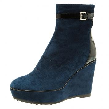 Pre Owned Tod's Navy Blue Suede Buckle Detail Wedge Boots Size 37