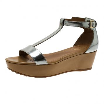 Pre Owned Tod's Silver Metallic Leather T-Strap Wedge Sandals Size 37.5