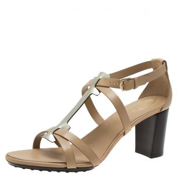 Pre Owned Tod's Beige Leather and Metallic T-Strap Sandals Size 41