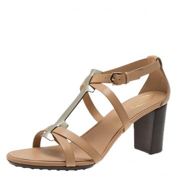 Pre Owned Tod's Beige Leather and Metallic T-Strap Sandals Size 37.5