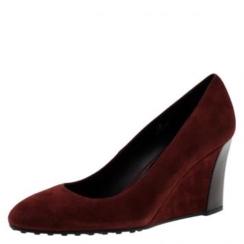 Pre Owned Tod's Maroon Suede Wedge Pumps Size 40